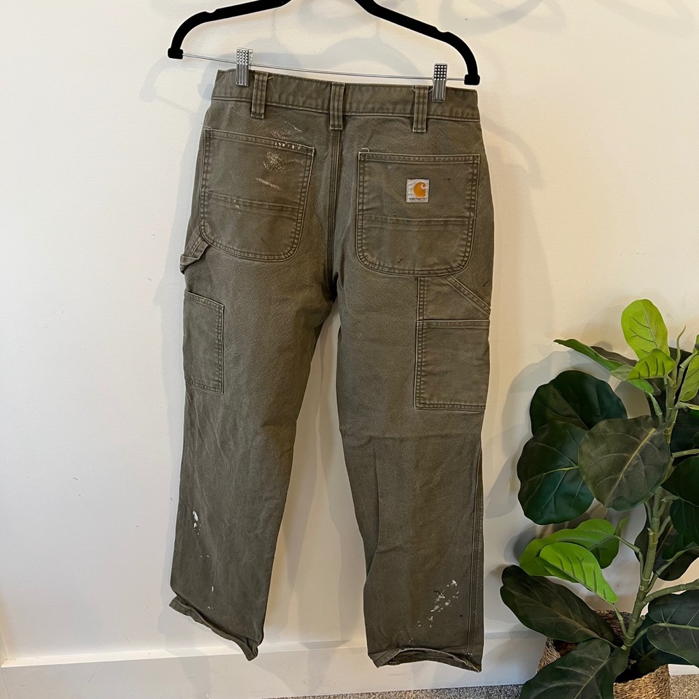 Carhartt Relaxed Fit Carpenter Pants Olive Green Distressed Workwear 32x32 Mens - Picture 7 of 9